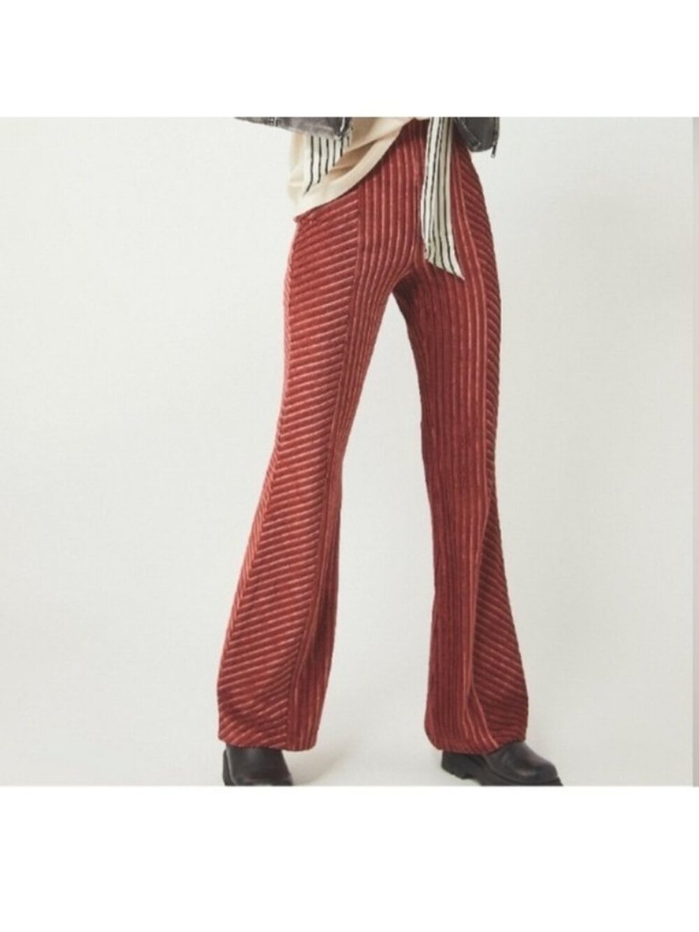 Free People Velvet High Rise Maroon Red Ribbed Bellbottom Pull on Pants